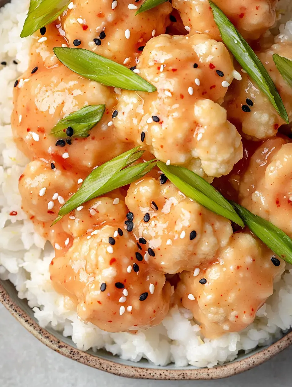 A close-up of cauliflower pieces coated in a creamy orange sauce, garnished with green onions and sesame seeds, served over a bed of white rice in a textured bowl.