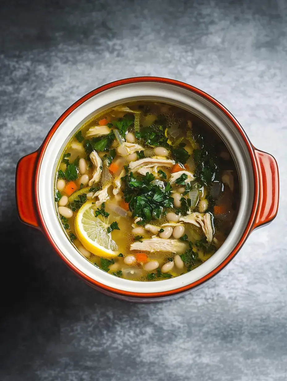 A close-up view of a hearty chicken soup with white beans, vegetables, herbs, and a slice of lemon in a red pot.