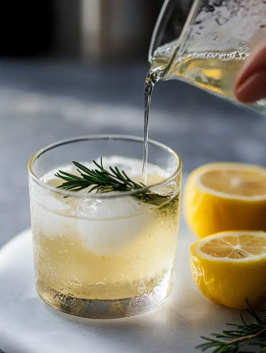 A glass of frosty cocktail with ice and a sprig of rosemary is being poured from a jug, accompanied by lemon halves on a marble surface.