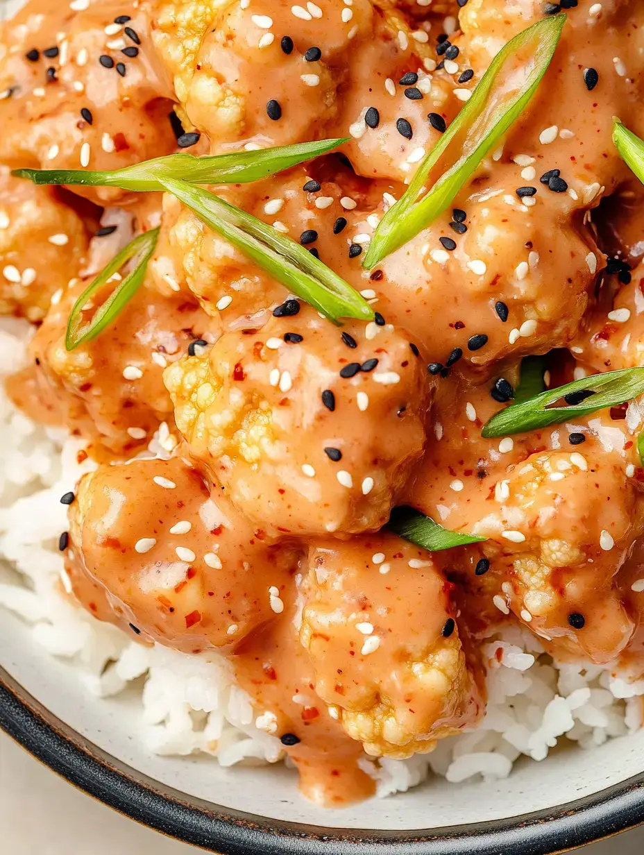 A close-up image of cauliflower pieces coated in a creamy sauce, served over white rice and garnished with sesame seeds and sliced green onions.