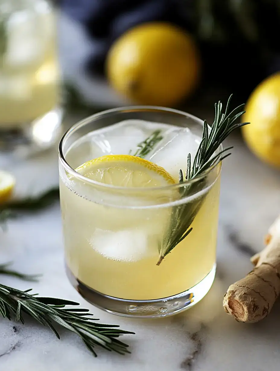 A refreshing cocktail with ice, garnished with a lemon slice and a sprig of rosemary, is placed on a marble surface alongside fresh lemons and ginger.