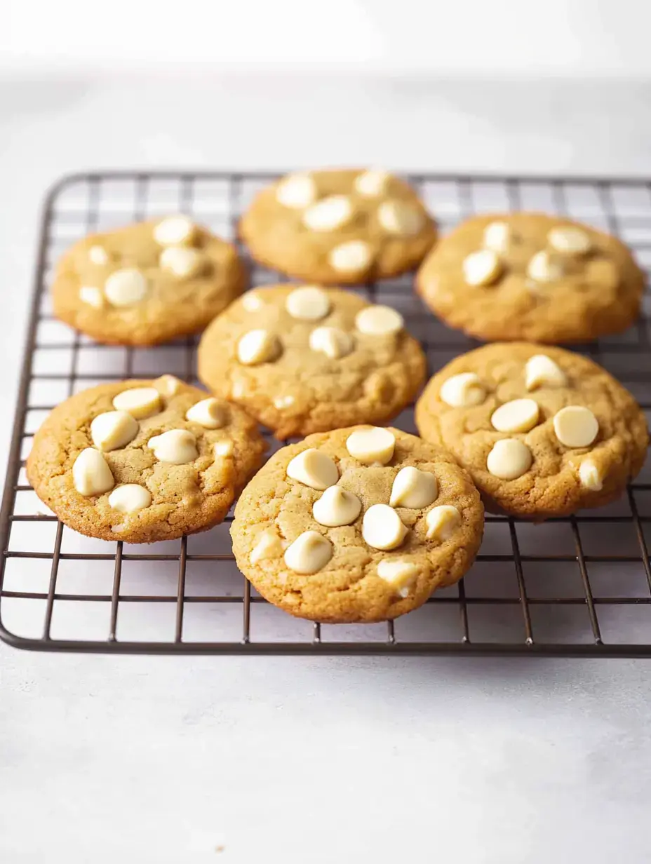 A cooling rack holds freshly baked cookies topped with white chocolate chips.