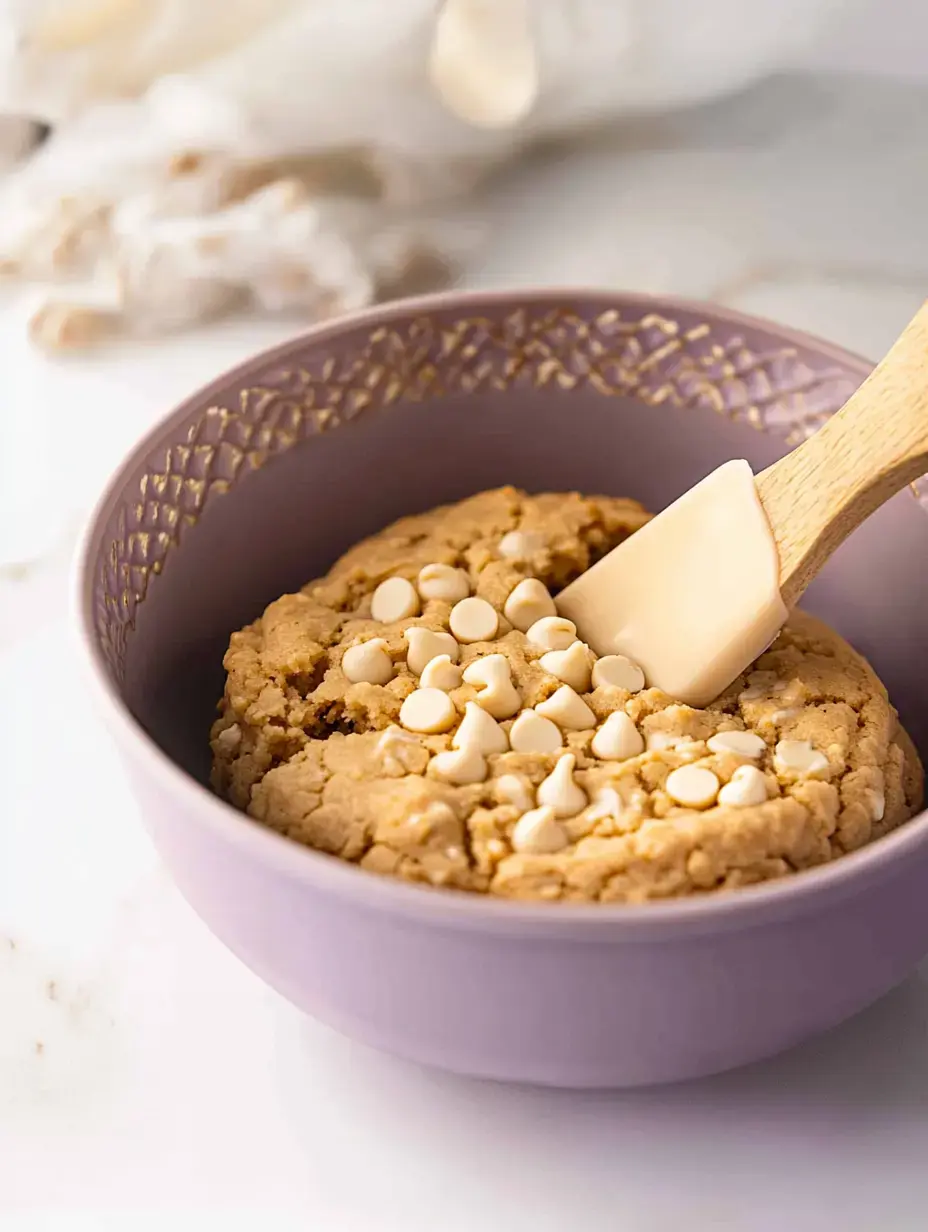 A wooden spatula is mixing cookie dough with white chocolate chips in a purple bowl.