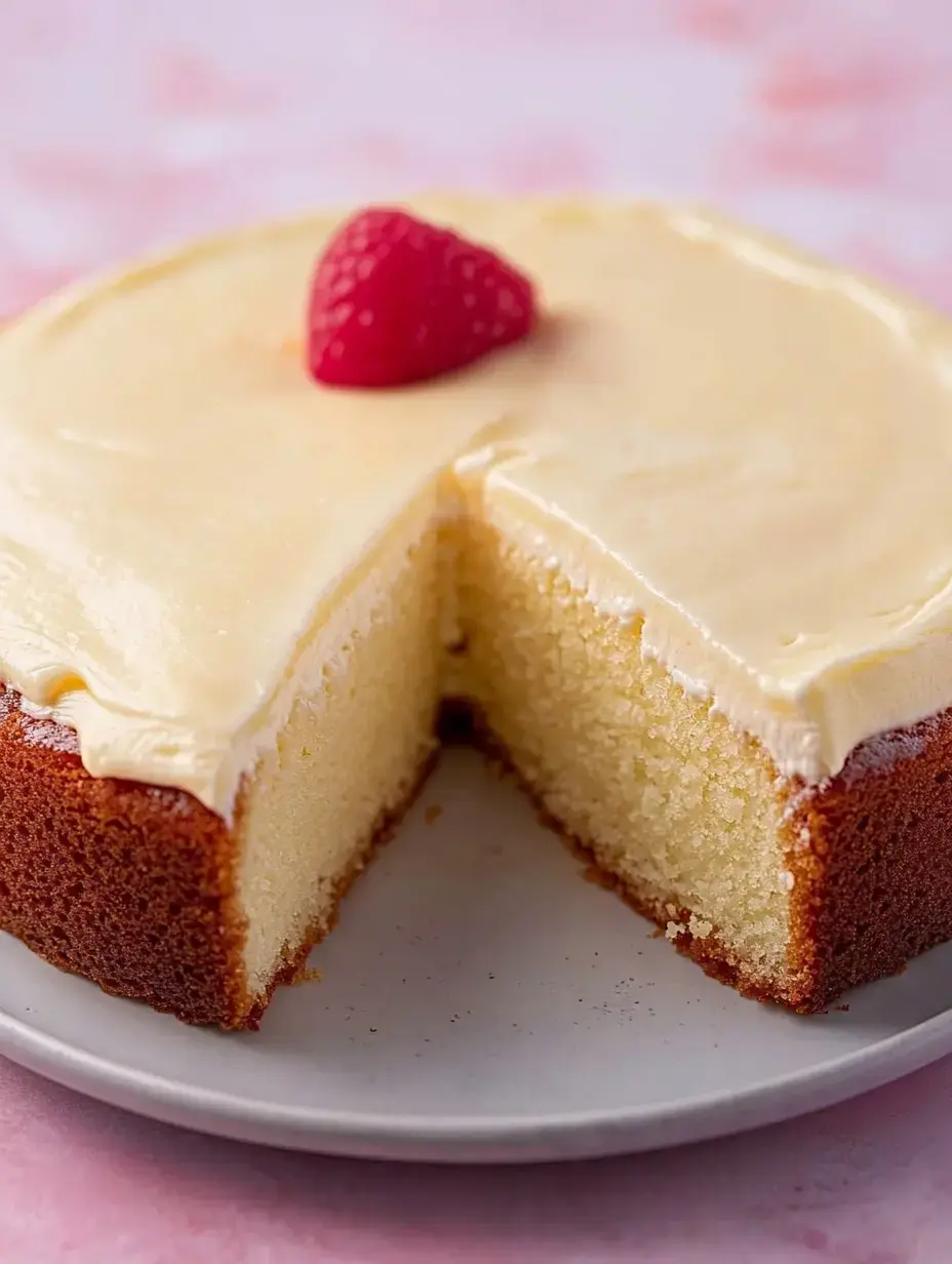 A round vanilla cake with creamy frosting and a raspberry on top, partially sliced and served on a plate.