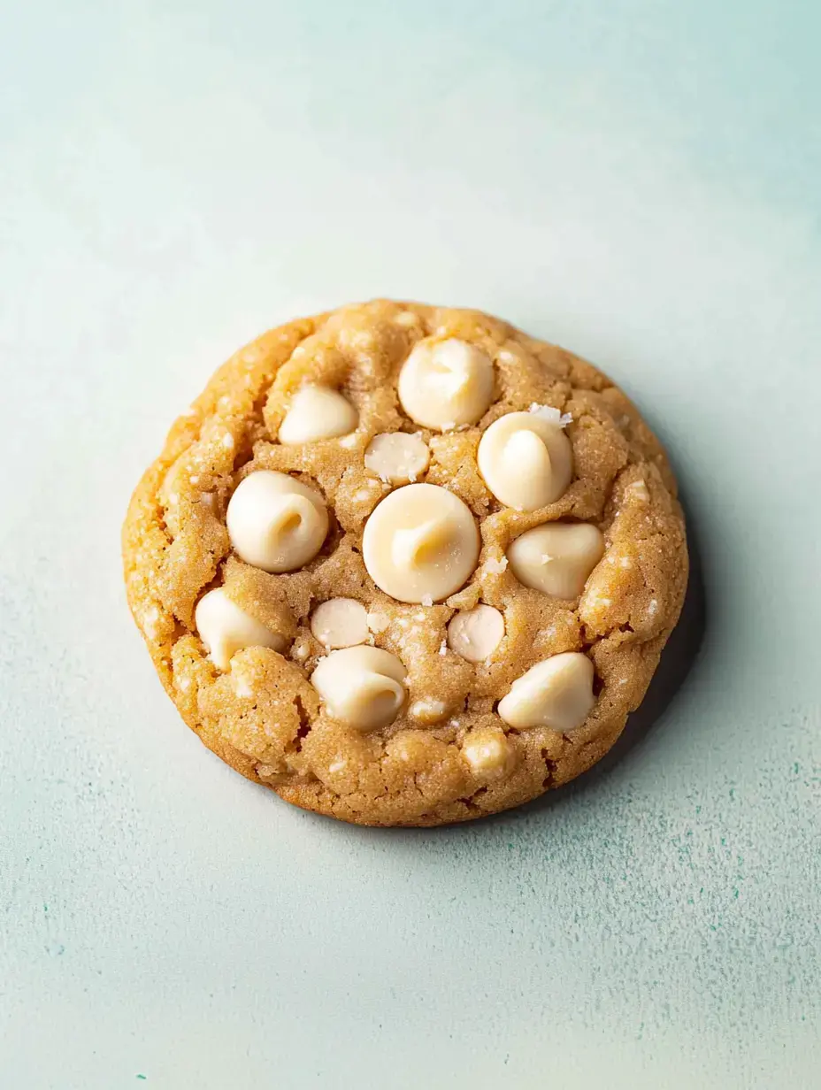 A single, round cookie with white chocolate chips rests on a soft-colored background.