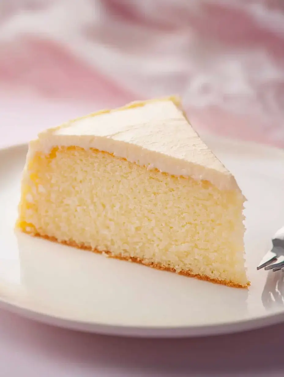 A slice of vanilla cake with smooth frosting on a white plate.