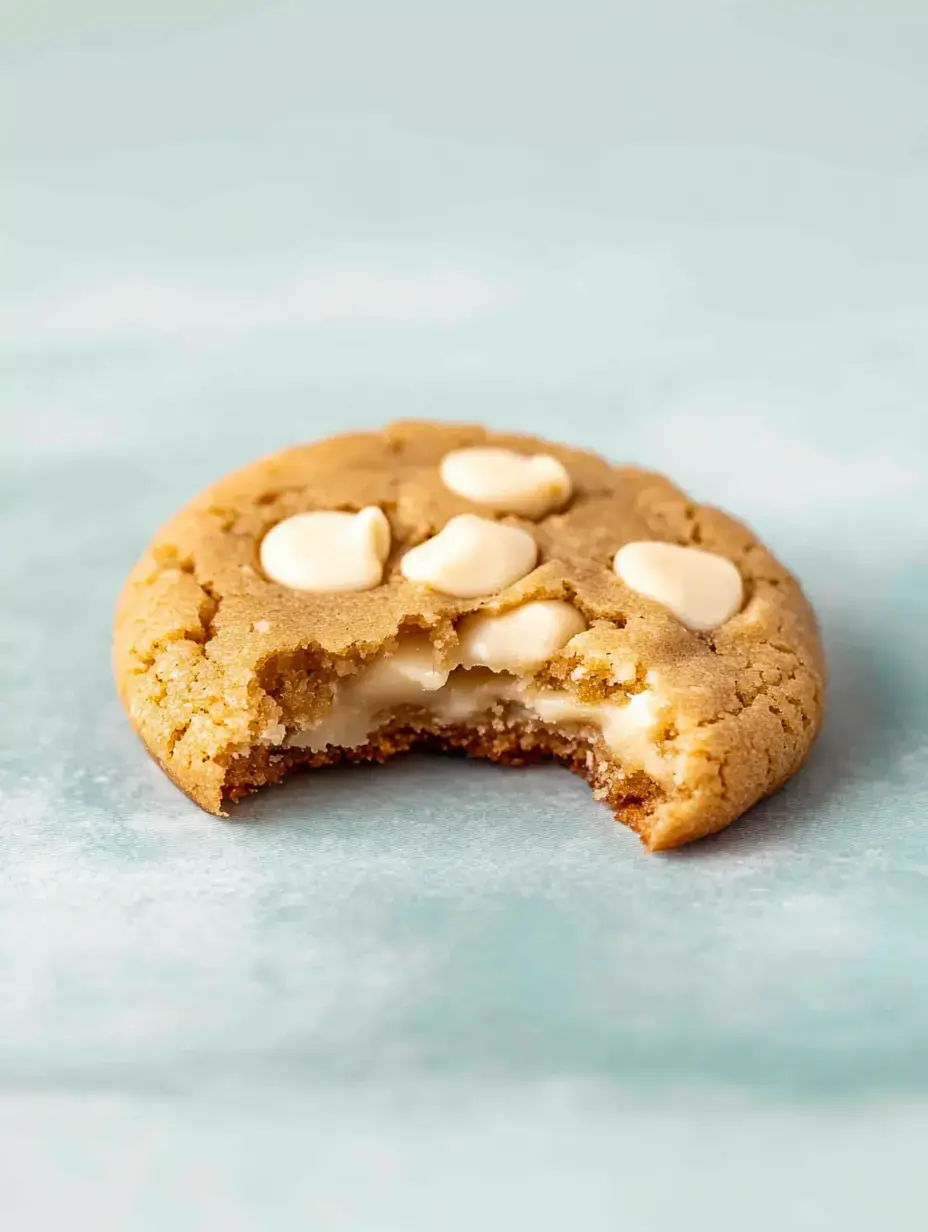 A half-eaten cookie with white chocolate chips on a light blue background.