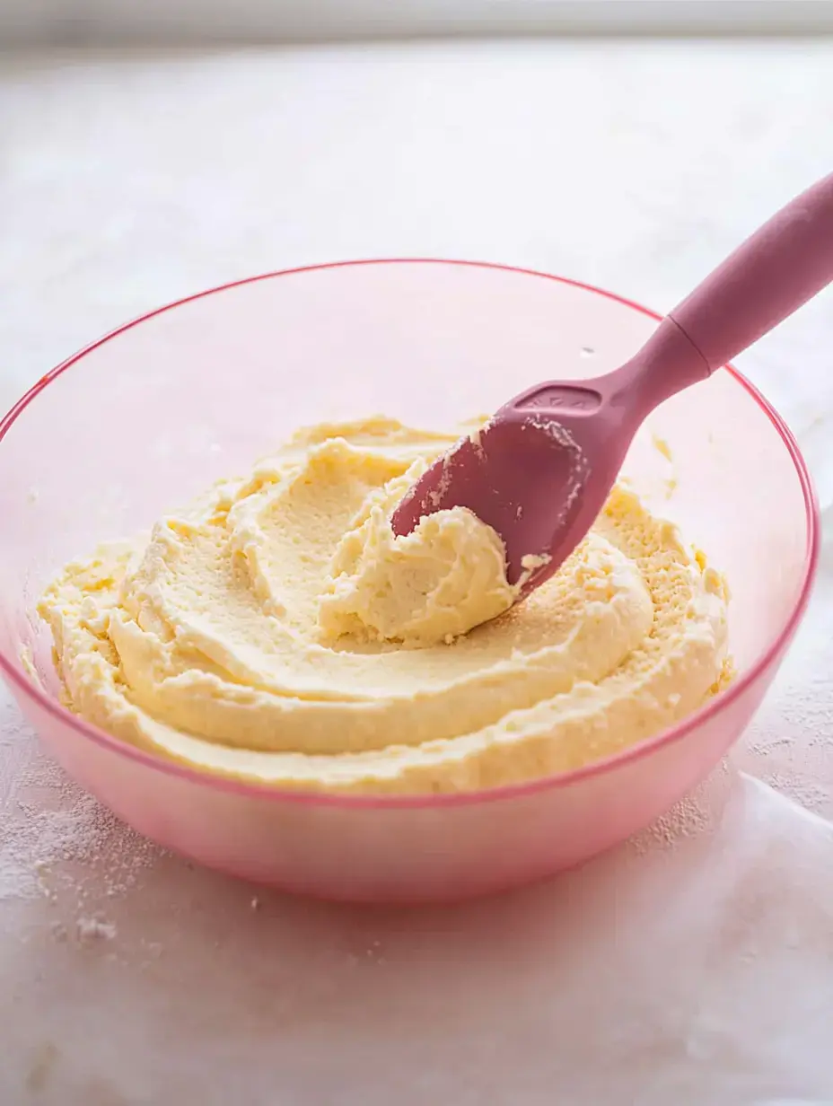 A pink mixing bowl contains creamy butter or frosting, with a purple spatula resting inside.