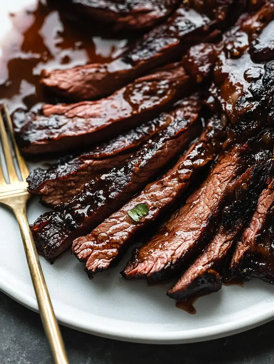 Sliced, glazed meat arranged on a white plate with a fork beside it.