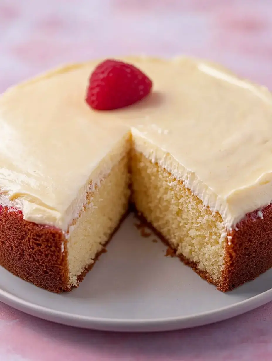 A round vanilla cake with a creamy frosting and a raspberry on top, partially sliced into two pieces.