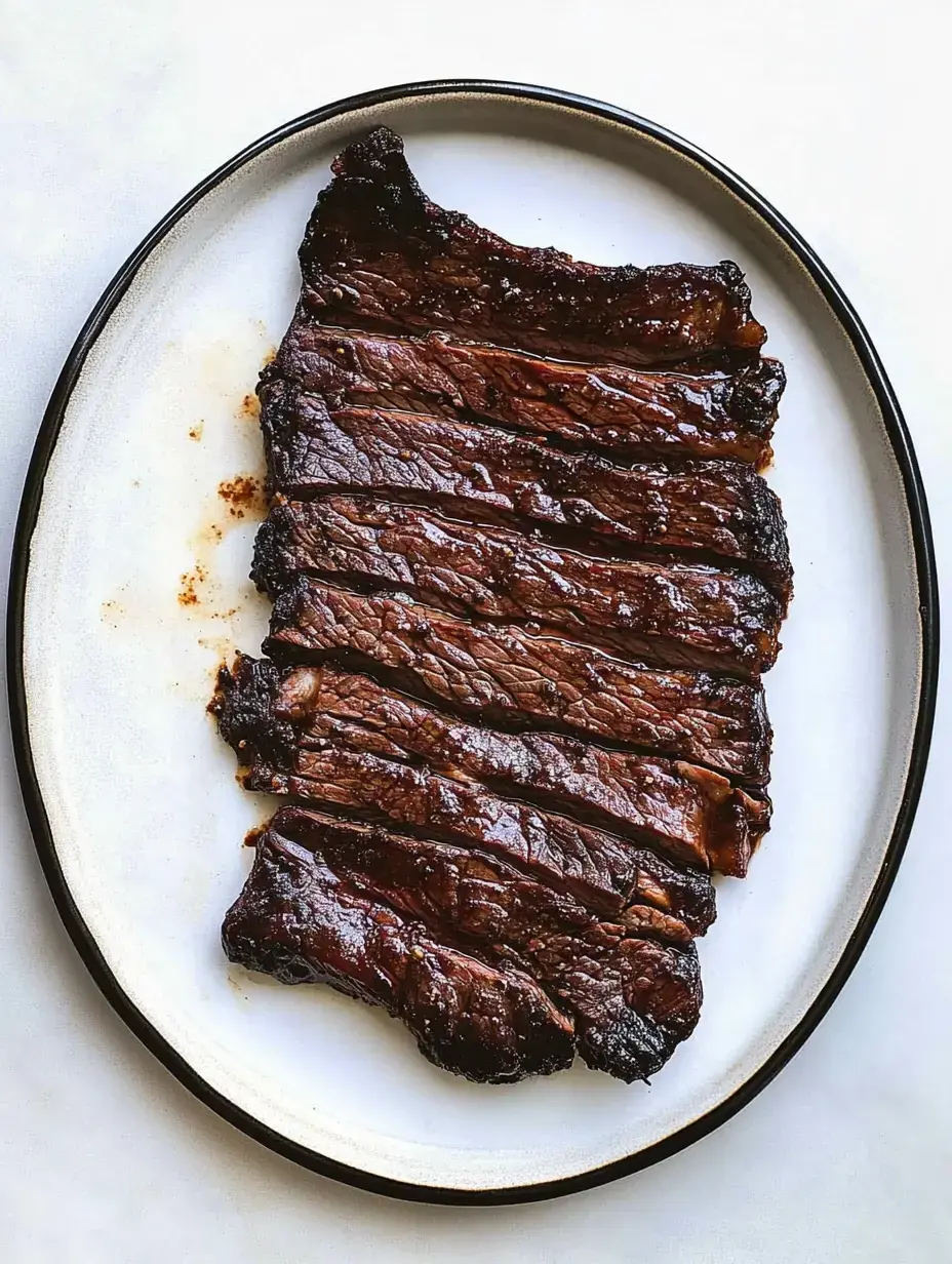 A beautifully cooked, sliced steak is presented on a white plate with a dark rim.