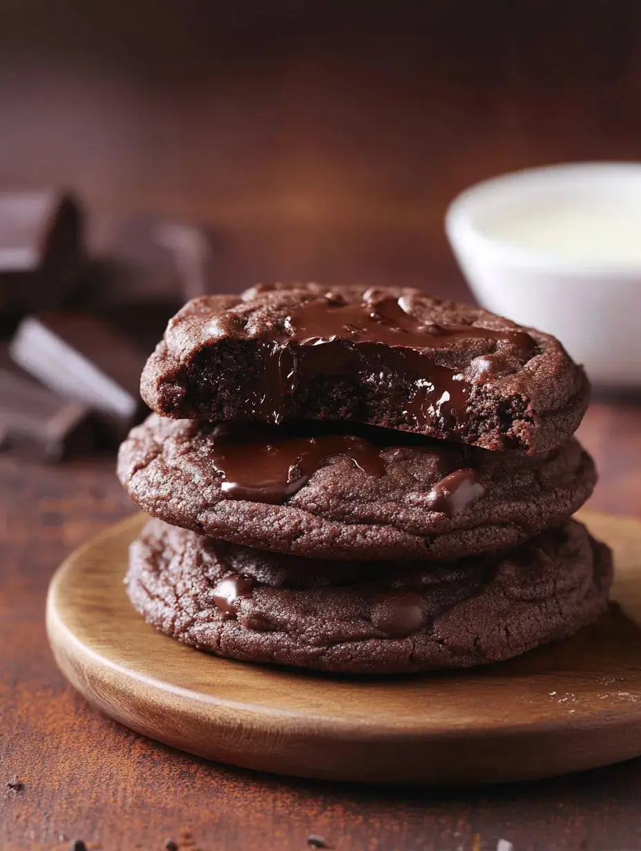 A stack of three chocolate cookies with melted chocolate on top, with one cookie partially bitten, sits on a wooden plate.