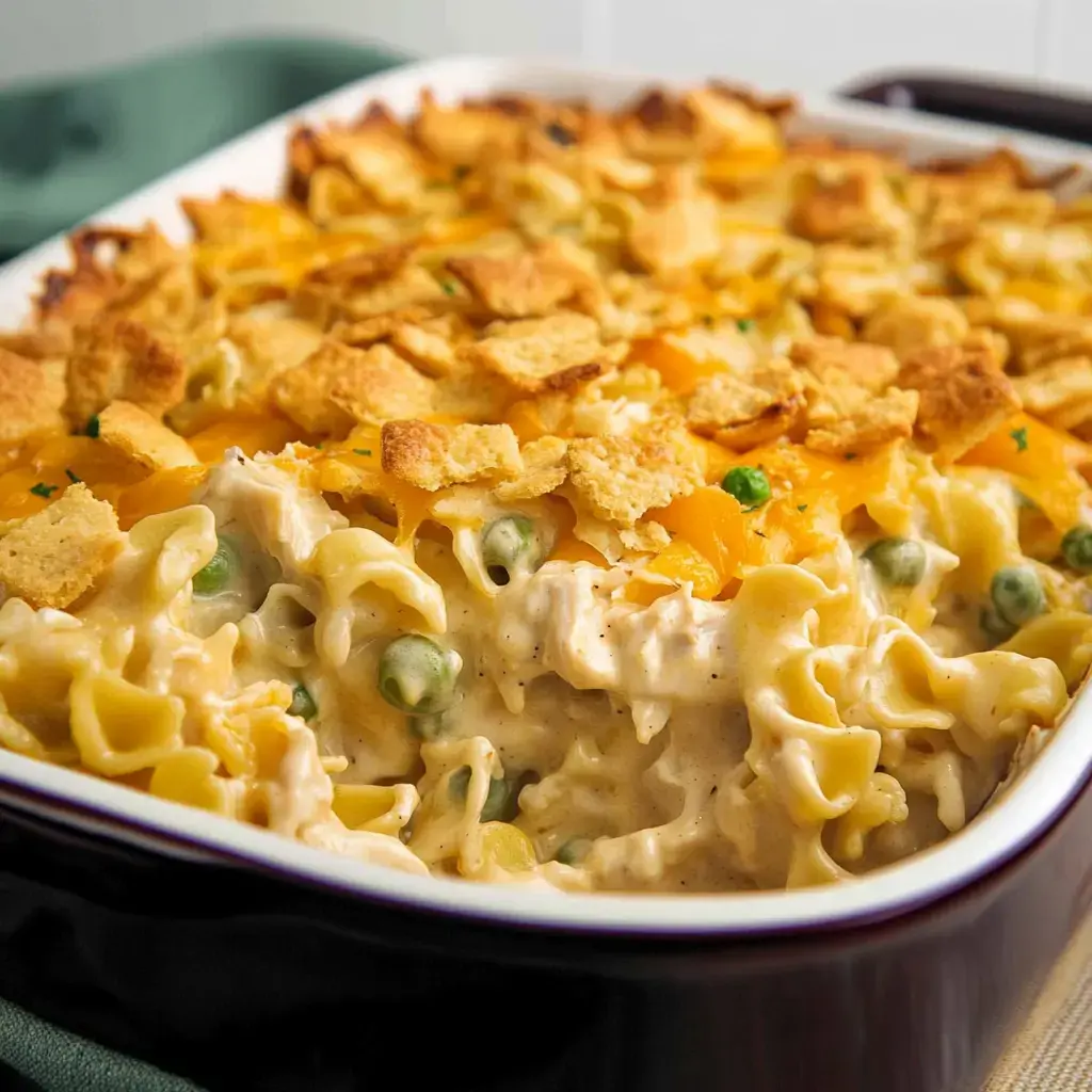 A close-up of a baked pasta casserole topped with golden brown breadcrumbs and melted cheese, featuring noodles and green peas in a creamy sauce.