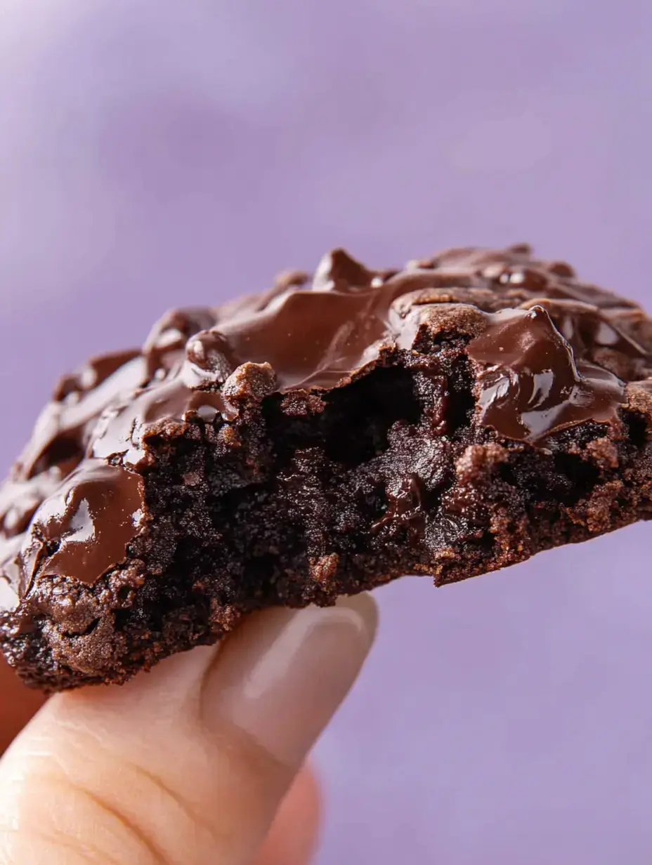 A close-up of a hand holding a bitten chocolate cookie with a glossy chocolate topping against a purple background.