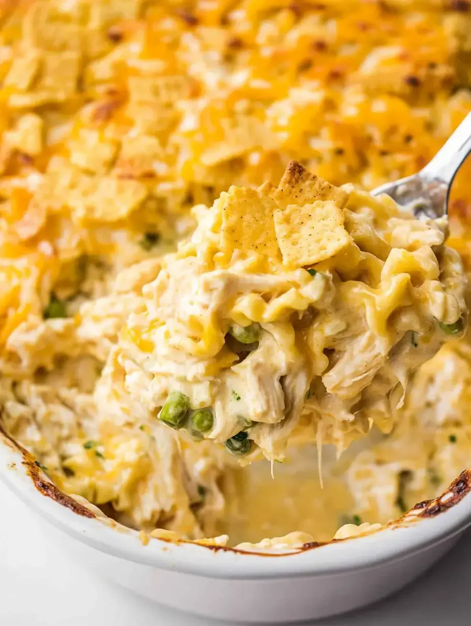 A close-up of a spoon lifting cheesy chicken casserole topped with crispy tortilla chips and green peas from a baking dish.