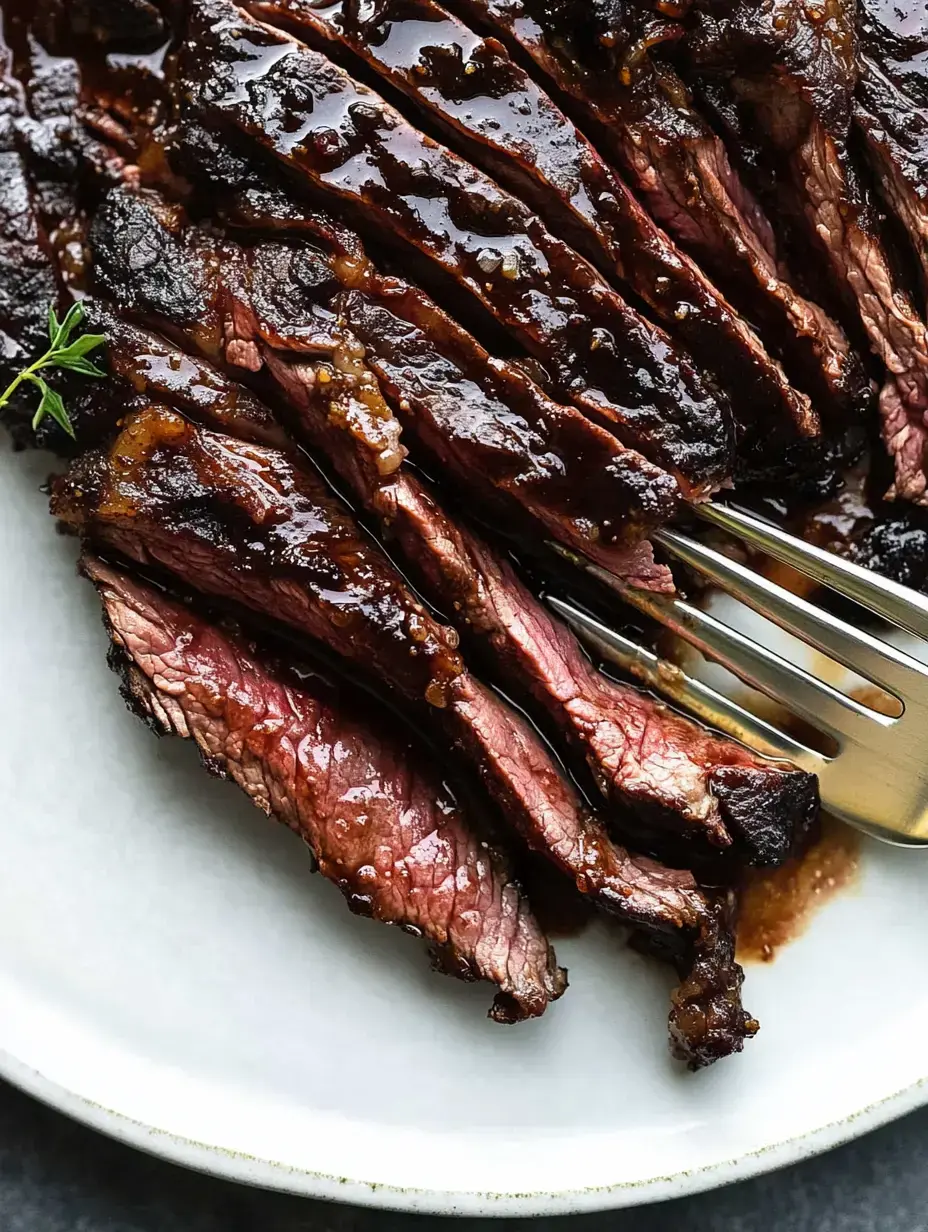 Sliced beef brisket garnished with herbs on a white plate.