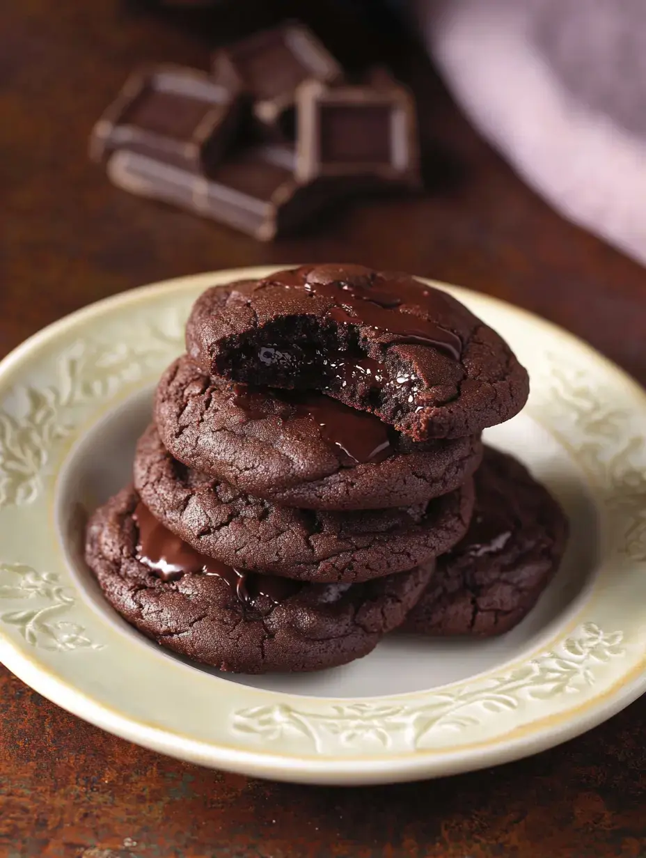 A stack of warm, gooey chocolate cookies sits on a decorative plate, with one cookie having a bite taken out of it, and a background of chocolate pieces.