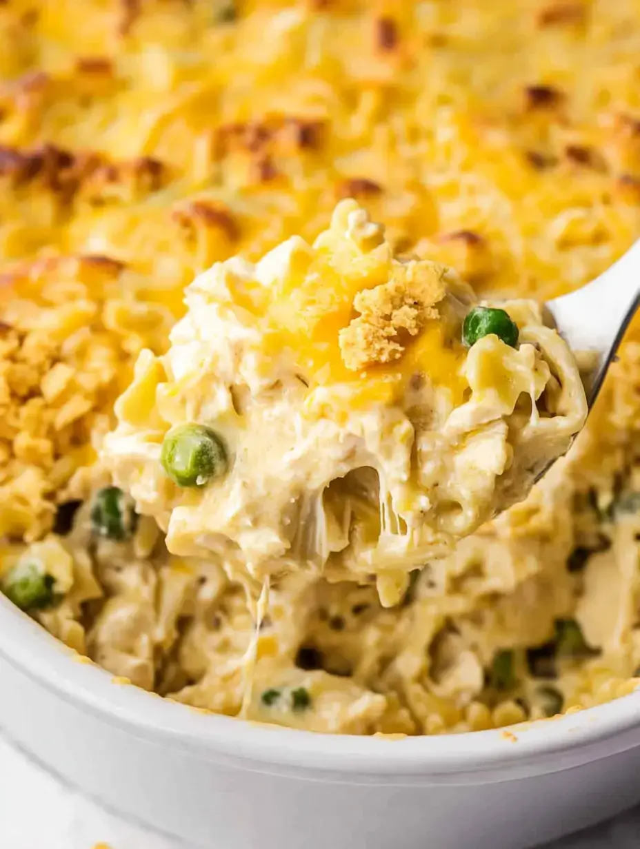 A serving of creamy chicken and noodle casserole, topped with melted cheese and crispy breadcrumbs, is being lifted from a baking dish.