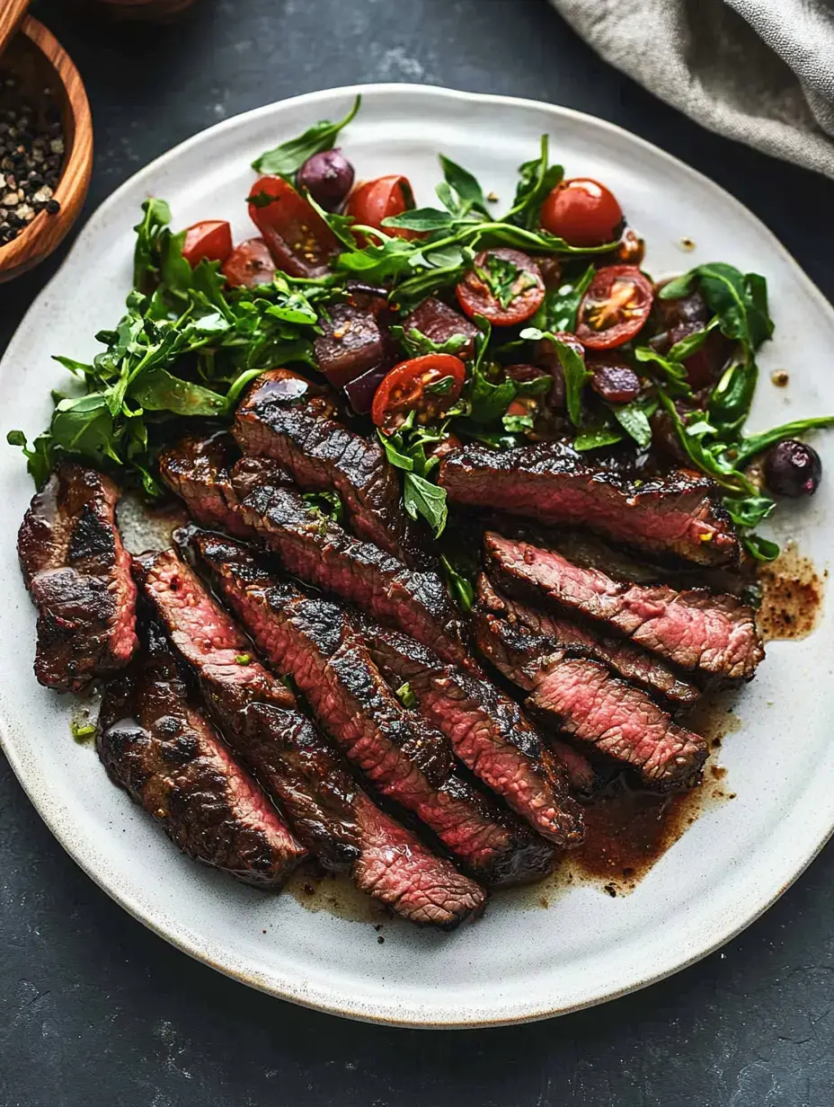 A beautifully plated dish featuring sliced grilled steak alongside a fresh salad of arugula, cherry tomatoes, and olives.