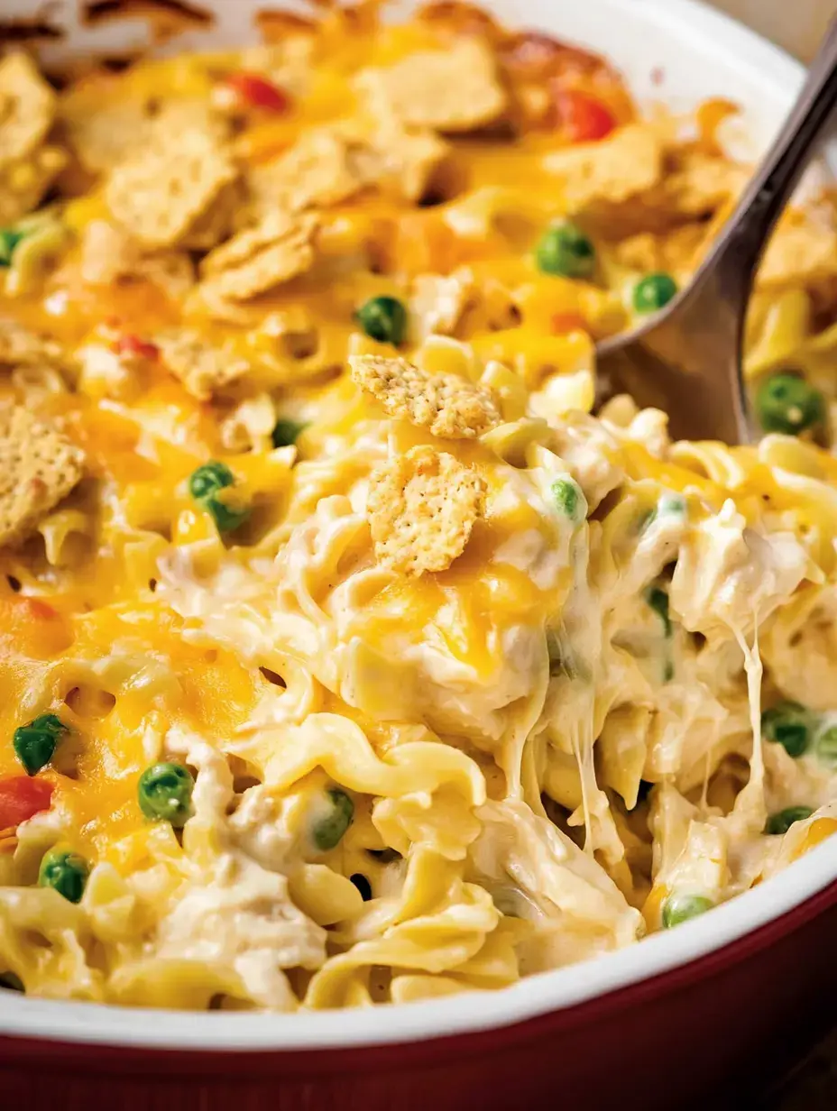 A close-up of creamy chicken noodle casserole topped with melted cheese and crunchy bits in a baking dish.