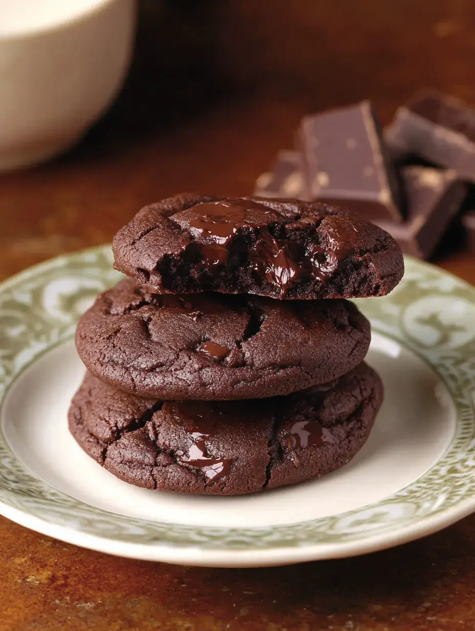 A stack of three gooey chocolate cookies sits on a decorative plate, with pieces of chocolate in the background.