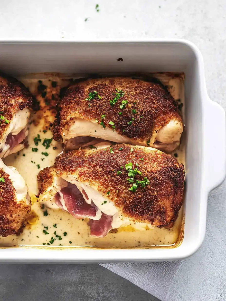 A white baking dish holds three crispy breaded chicken breasts, garnished with parsley, resting in a creamy sauce.