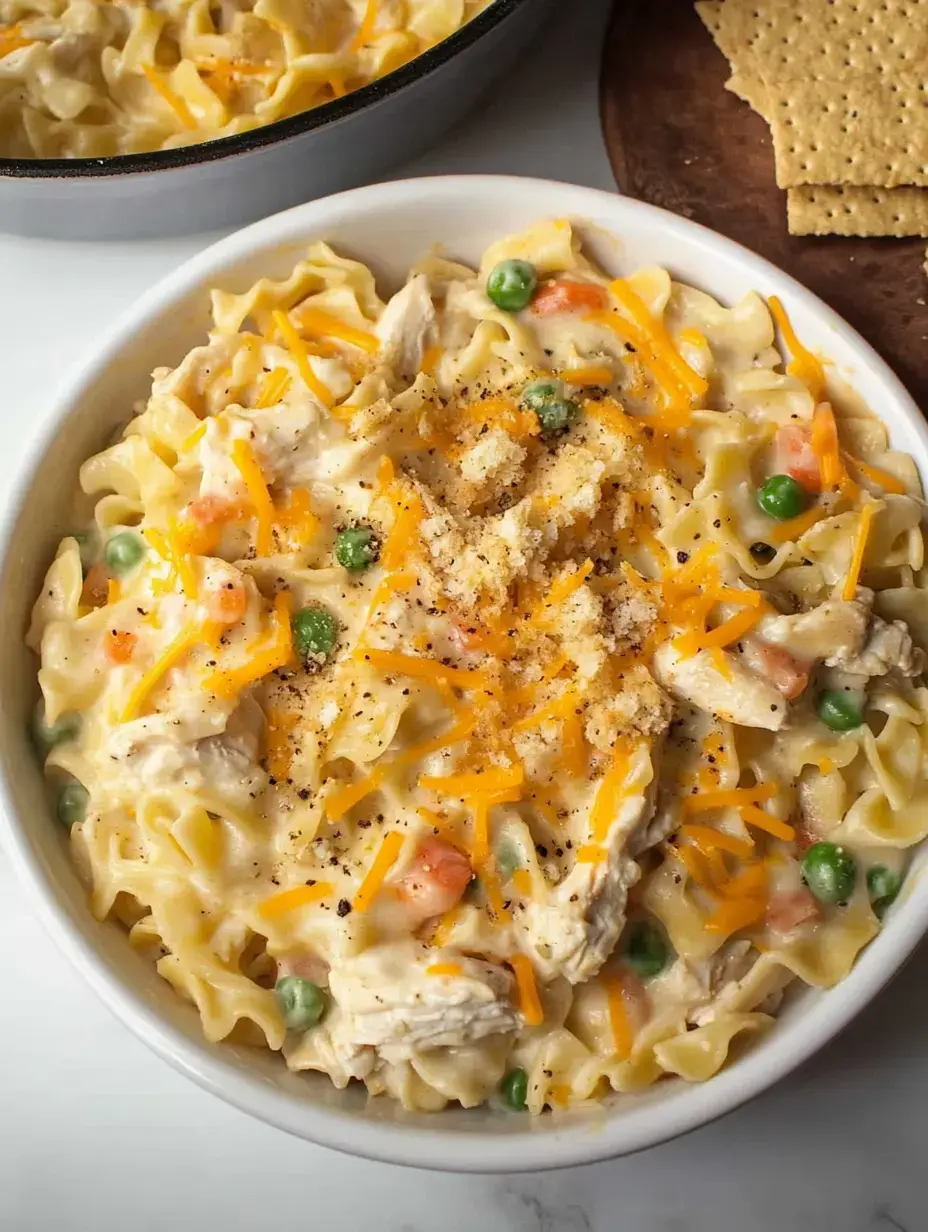 A bowl of creamy noodles topped with shredded cheese, cooked chicken, peas, and breadcrumbs, served alongside a dish of similar pasta and graham crackers.