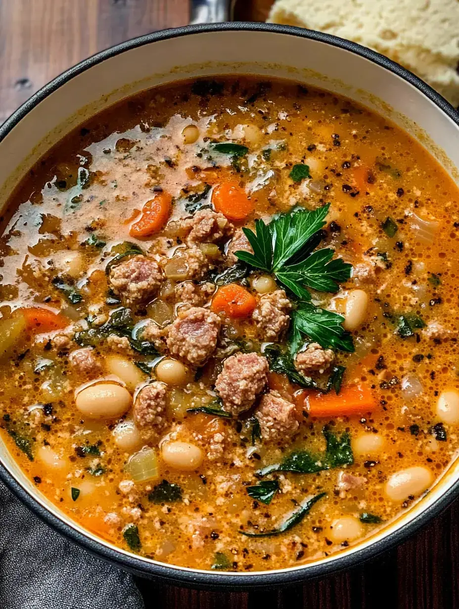 A close-up of a hearty soup featuring white beans, ground meat, carrots, and greens, garnished with parsley and served in a white bowl.