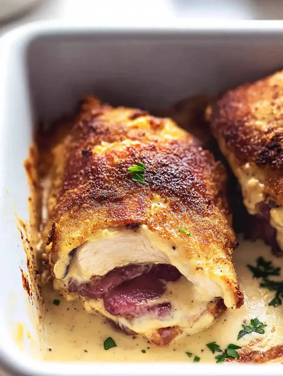 A close-up of a golden-brown, breaded chicken dish topped with creamy sauce and garnished with parsley.