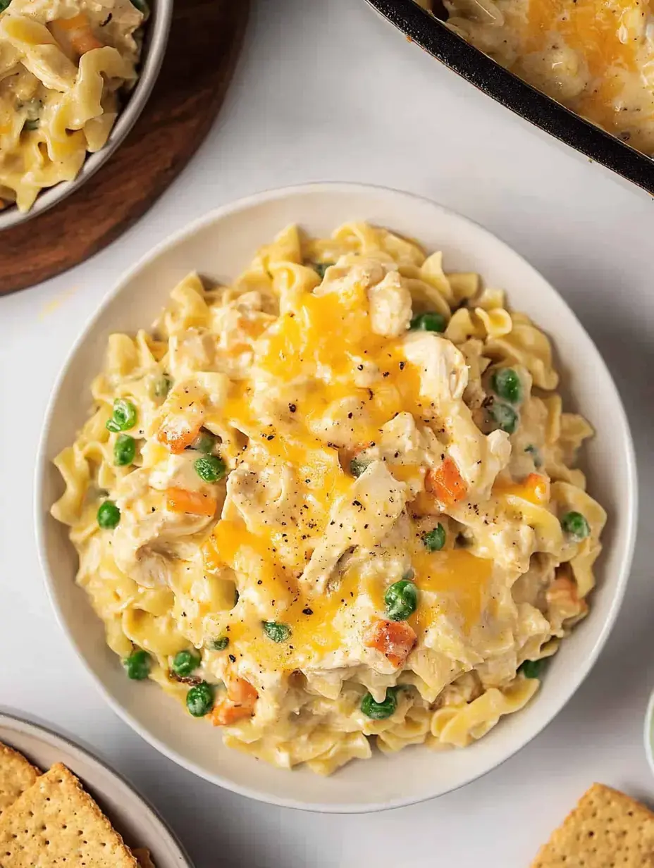 A plate of creamy chicken and noodle casserole topped with melted cheddar cheese and mixed vegetables.