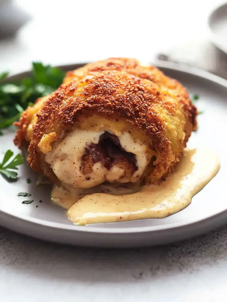 A plated, breaded and fried chicken roll stuffed with creamy filling, served with a drizzled sauce and garnished with fresh parsley.