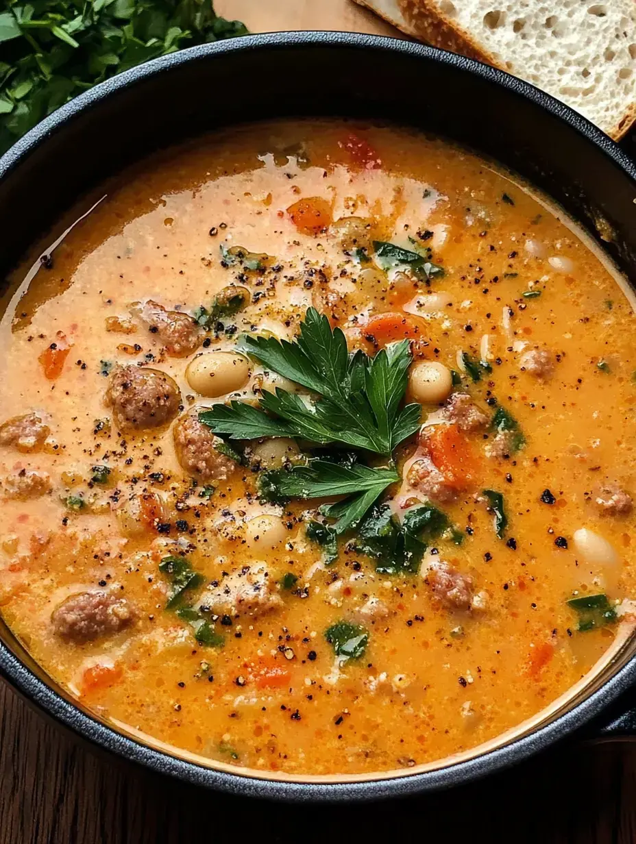 A bowl of creamy soup with chunks of meat, beans, vegetables, and fresh herbs, accompanied by a slice of bread.