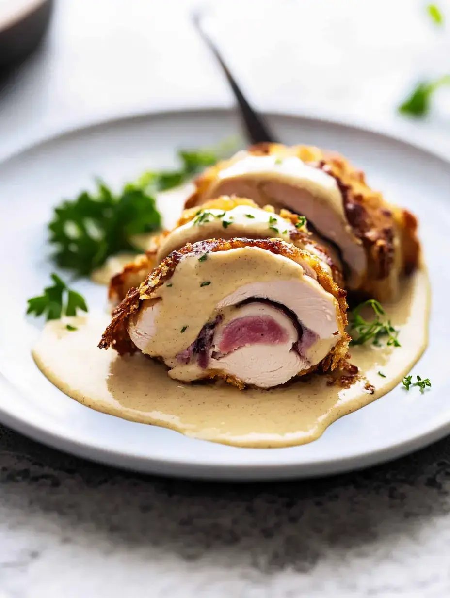 A plated dish featuring sliced fried chicken rolled with a filling, drizzled with a creamy sauce and garnished with herbs.