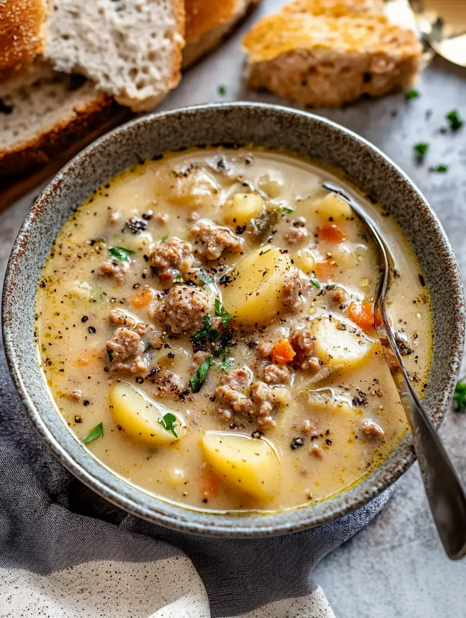 A bowl of hearty soup containing potatoes, ground meat, and herbs is surrounded by slices of bread on a textured surface.