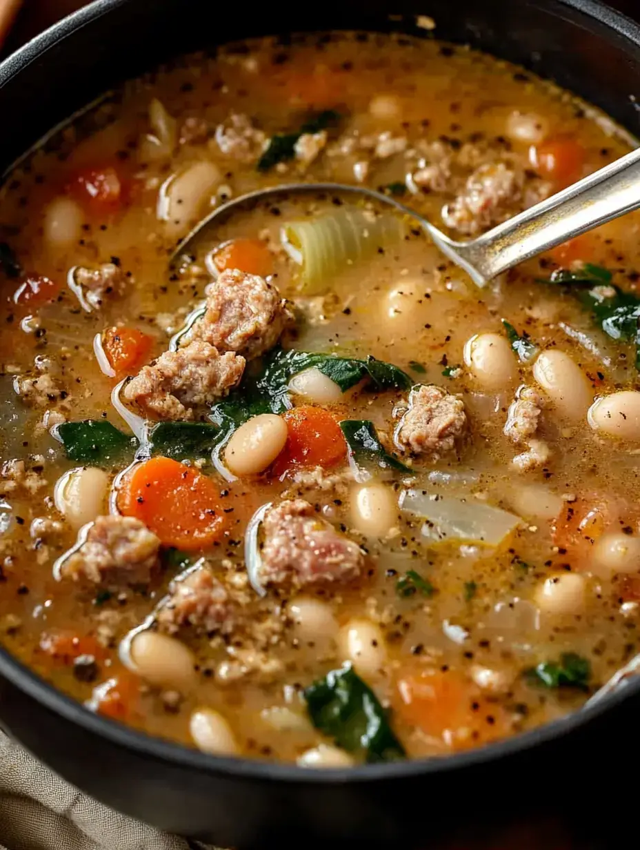 A spoonful of hearty soup with sausage, beans, carrots, and greens in a black bowl.