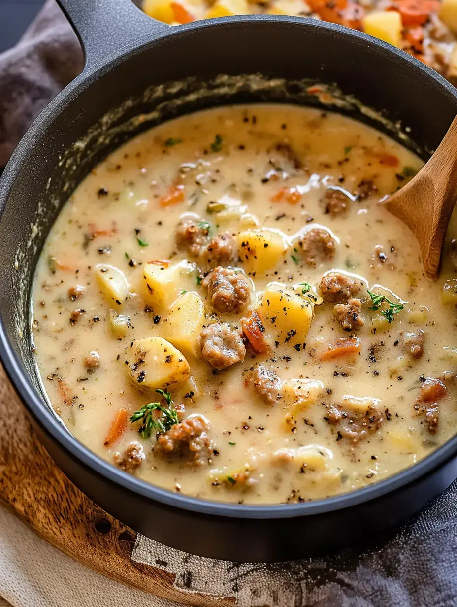 A close-up of a creamy potato and sausage soup in a black pot, garnished with herbs.