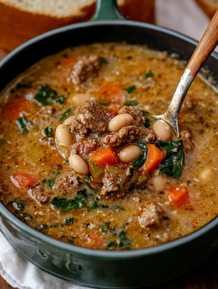 A hearty bowl of soup with ground meat, white beans, carrots, and leafy greens, served with a spoon and accompanied by bread in the background.