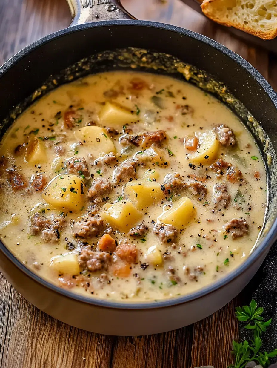 A creamy soup with chunks of potatoes, ground meat, and herbs is simmering in a black pot on a wooden surface.