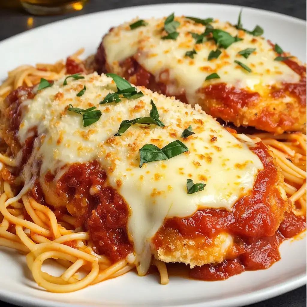 A plate of spaghetti topped with two breaded chicken cutlets smothered in marinara sauce and melted cheese, garnished with fresh basil.