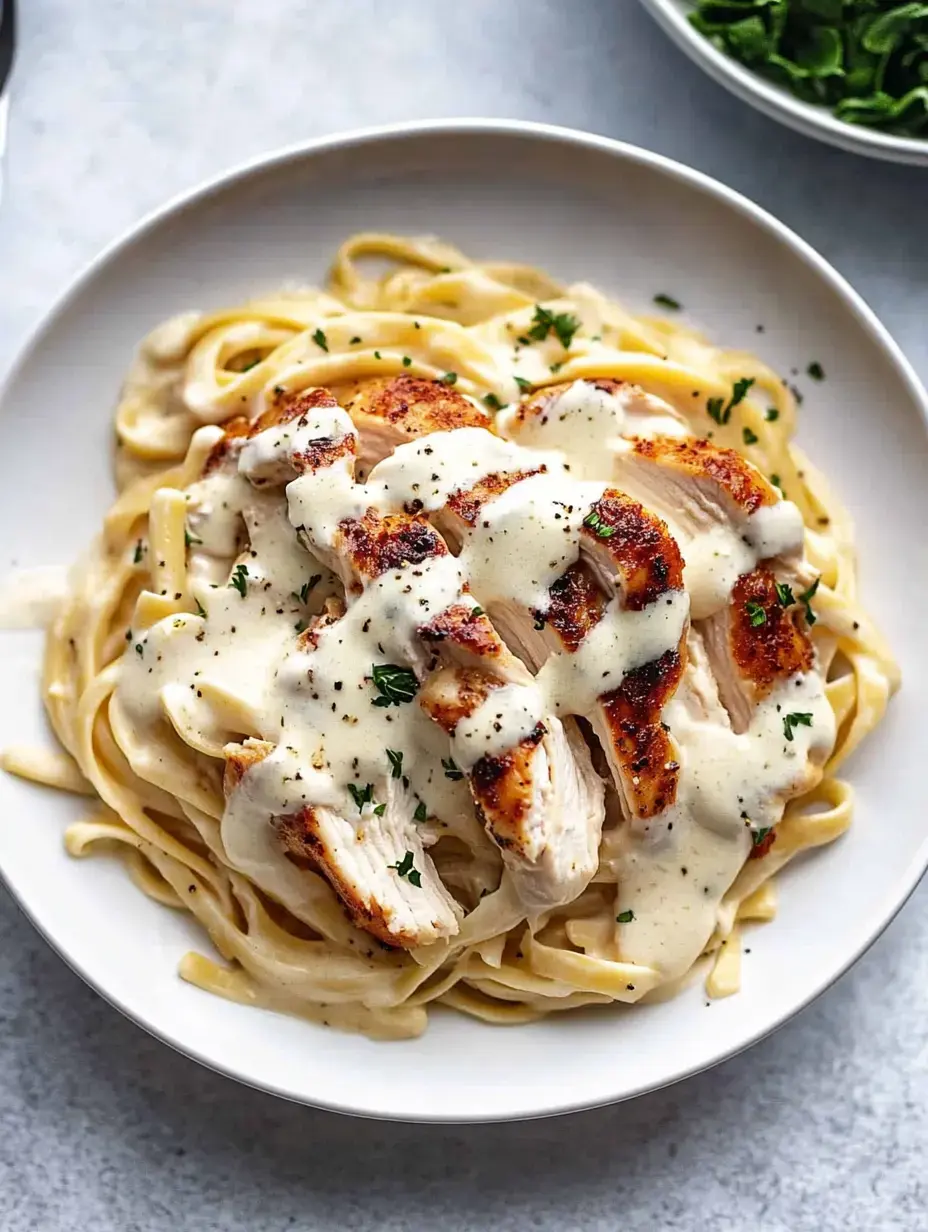 A plate of fettuccine pasta topped with grilled chicken and creamy sauce, garnished with parsley.