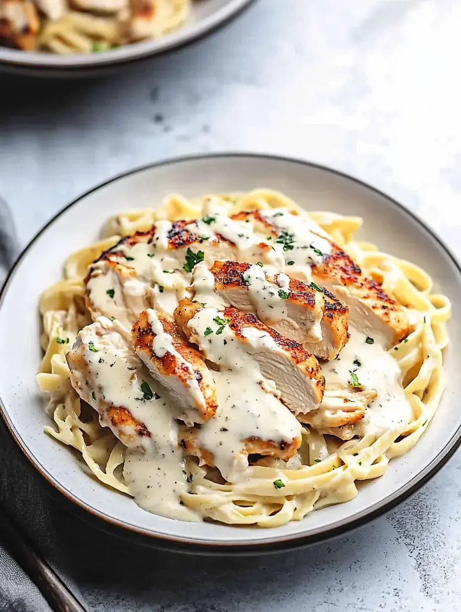 A plate of fettuccine pasta topped with grilled chicken slices and creamy white sauce, garnished with parsley.