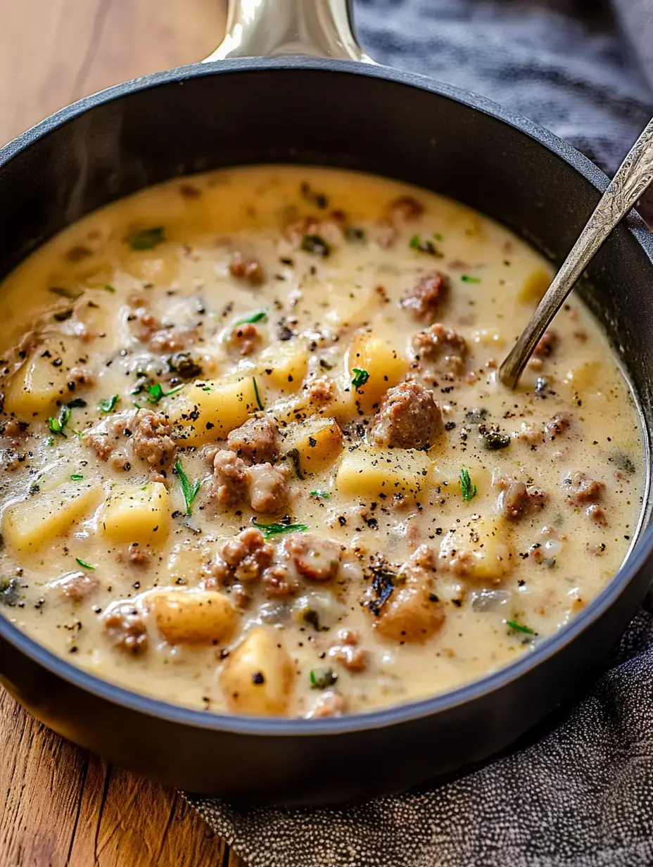 A close-up of a steaming pot of creamy potato and sausage soup garnished with herbs, sitting on a wooden table.