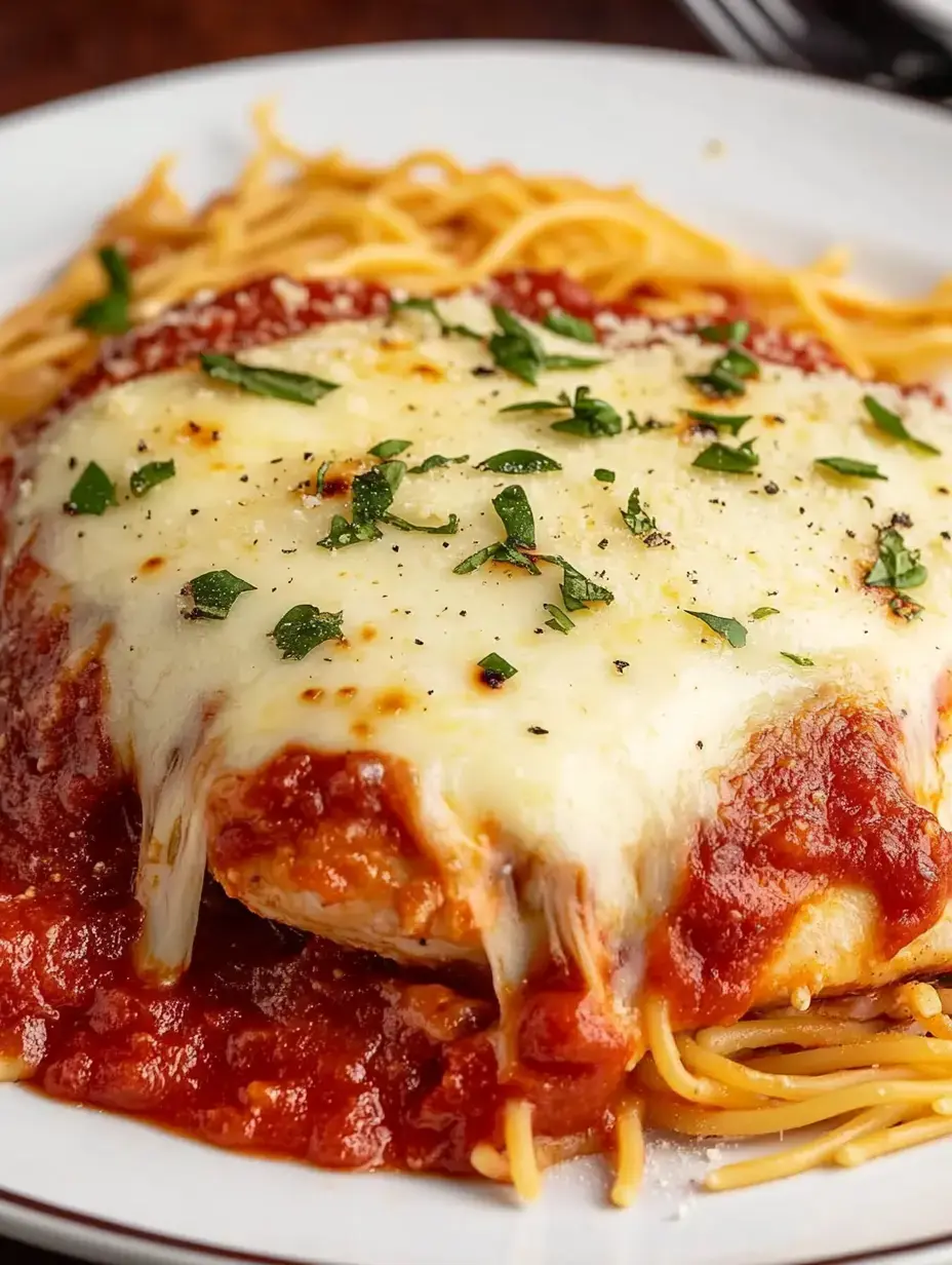 A plate of spaghetti topped with marinara sauce and a cheese-covered chicken cutlet, garnished with parsley.