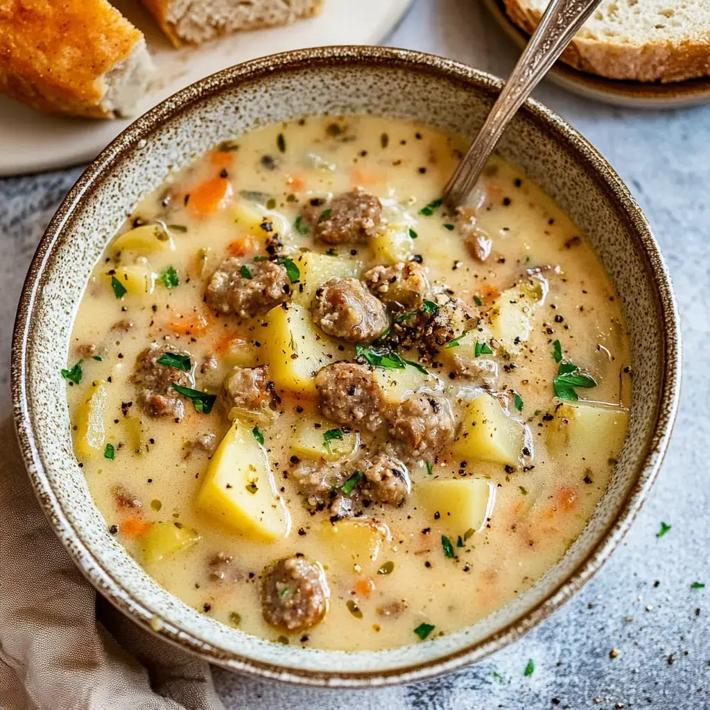 A bowl of creamy sausage and potato soup garnished with herbs, alongside slices of bread.