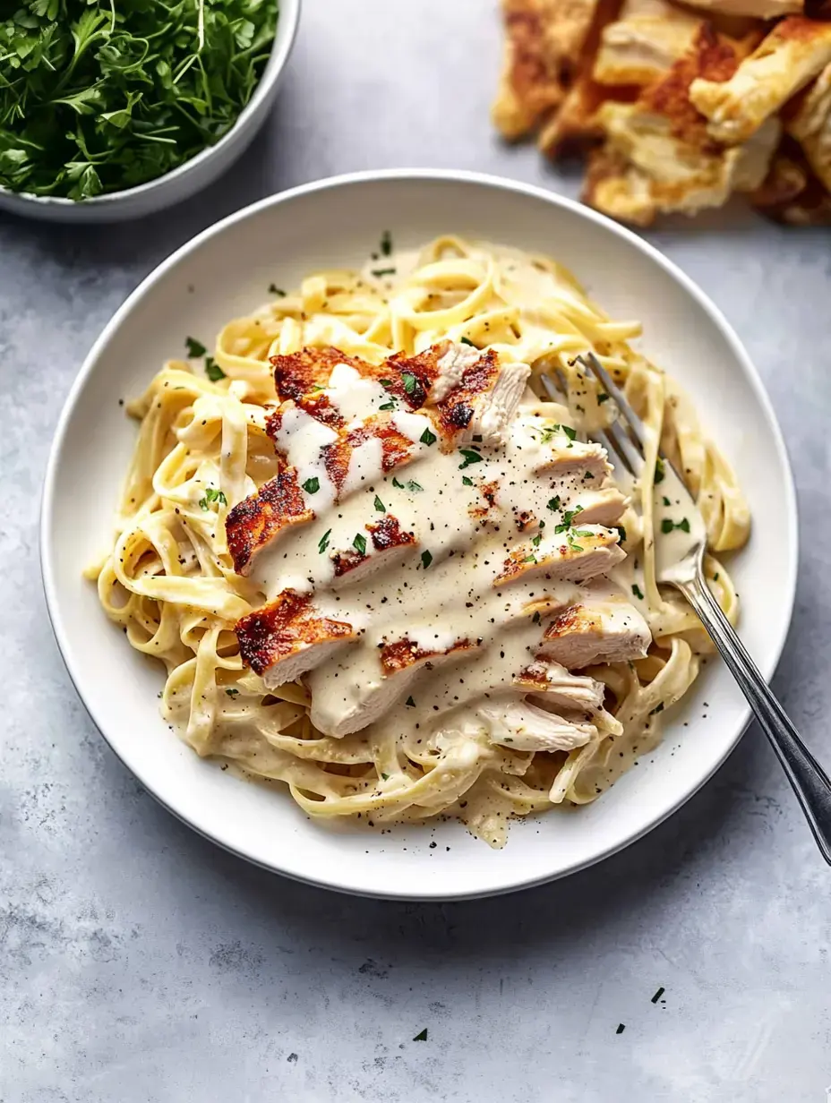 A plate of fettuccine pasta topped with sliced grilled chicken and creamy sauce, garnished with parsley, alongside a bowl of fresh parsley and some toasted bread.