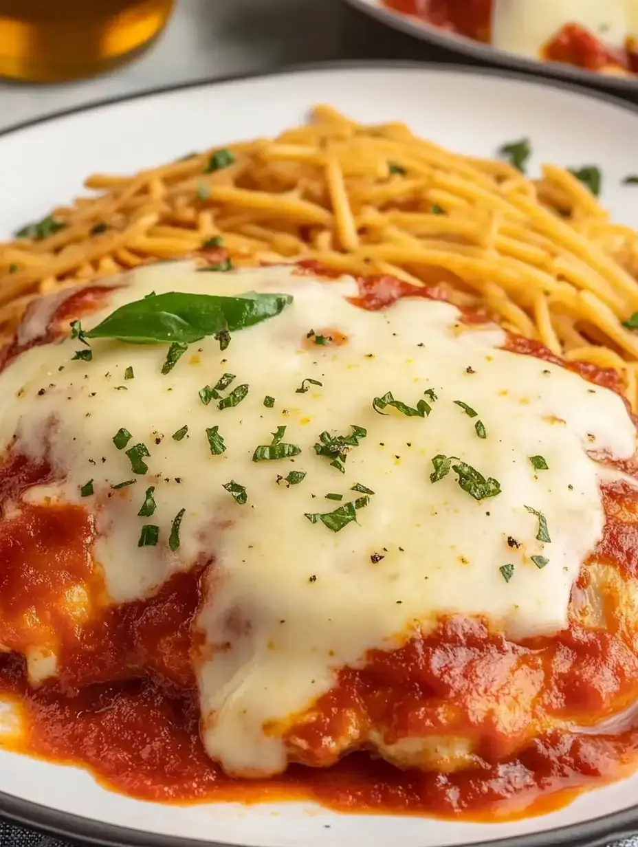 A serving of baked chicken parmesan topped with melted cheese and marinara sauce, accompanied by a side of spaghetti.