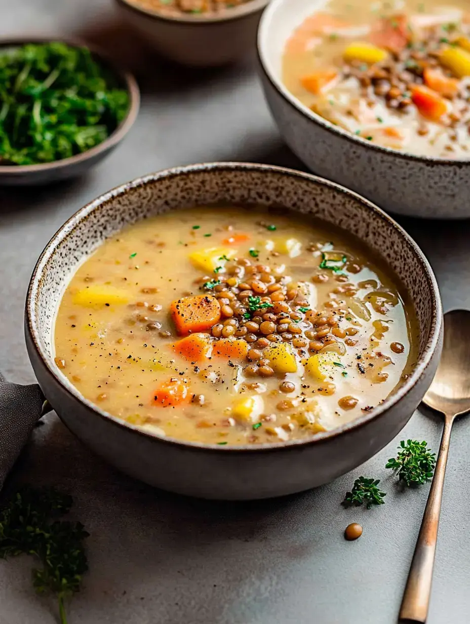 A close-up of a bowl of lentil soup with diced vegetables, garnished with herbs, alongside a spoon and a small plate of greens.