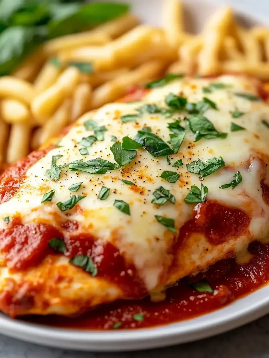 A plate of chicken Parmesan topped with melted cheese and parsley, served with pasta and marinara sauce on the side.