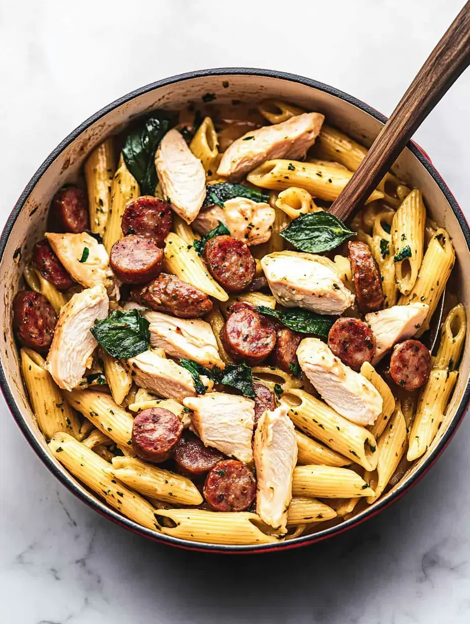 A pot of penne pasta mixed with sliced chicken, sausage, and fresh basil leaves.