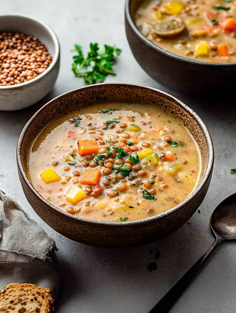 A close-up of two bowls of hearty lentil soup garnished with parsley, accompanied by a small bowl of lentils and a piece of bread.